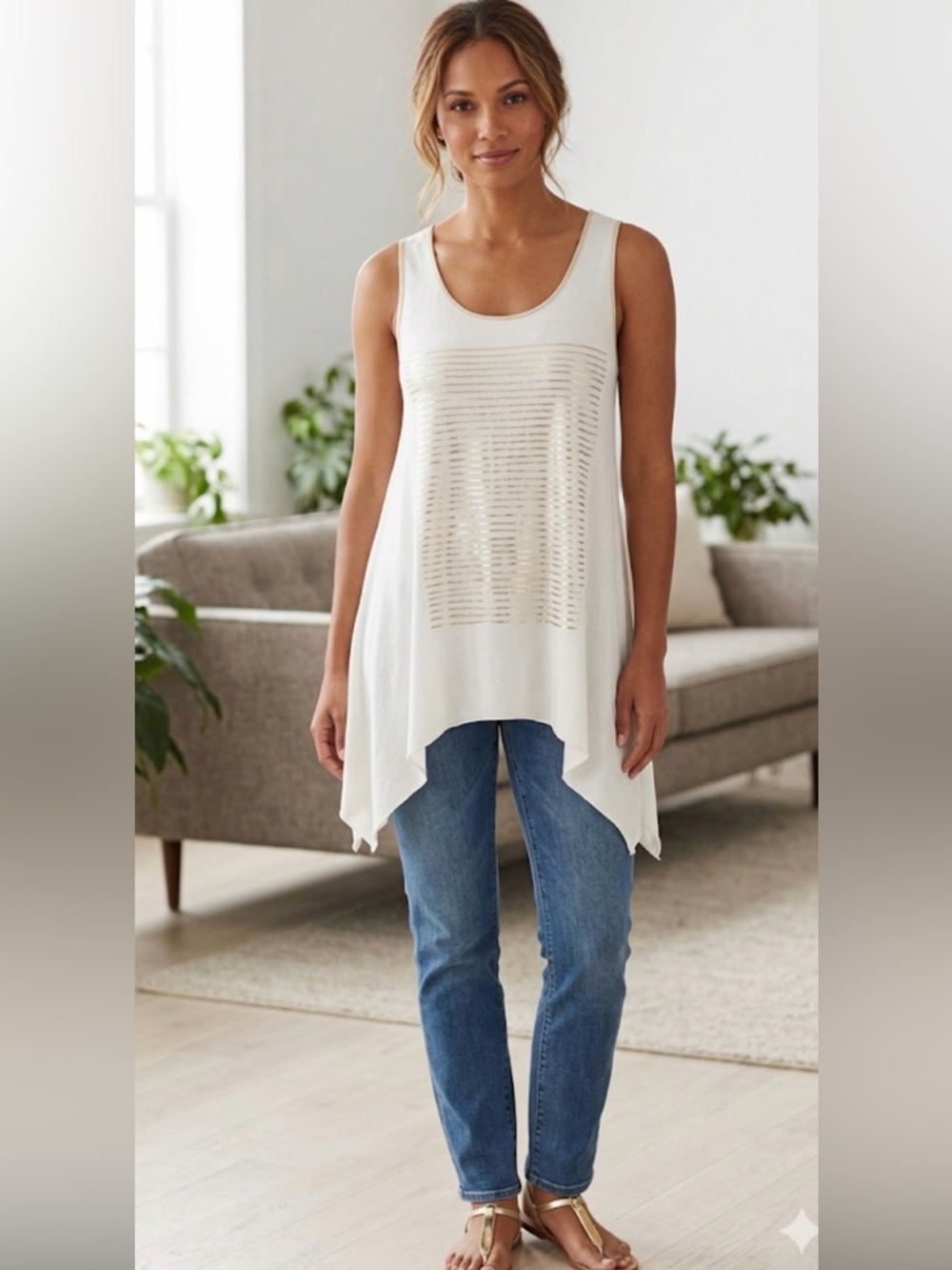 Vanilla Sugar Cream Tank with Gold Stripe Detail